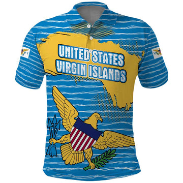 United States Virgin Islands Polo Shirt with Blue Yellow Ocean Design and Eagle Map Pattern TS04