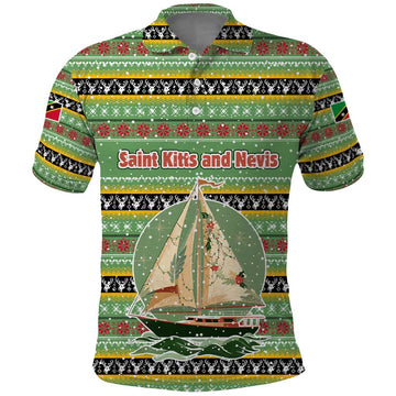 Saint Kitts and Nevis Christmas Polo Shirt with Green Red Black Xmas Sailboat and Map TS04