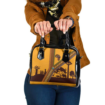 Tribal Africa Heritage with South Africa Flag Shoulder Handbag Wildlife Silhouettes in Earthy Yellow and Brown TS04
