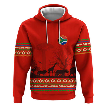 South Africa Wildlife Hoodie Tribal Pattern with National Flag and Safari Silhouettes TS04