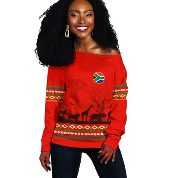Wildlife South Africa Off Shoulder Sweater Tribal Pattern National Flag Safari Silhouettes TS04