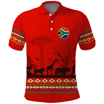 South Africa Wildlife Polo Shirt Tribal Pattern with National Flag and Safari Silhouettes TS04