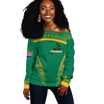 South Africa Springboks Off Shoulder Sweater with Tribal Antelope Design and Floral Accents TS04