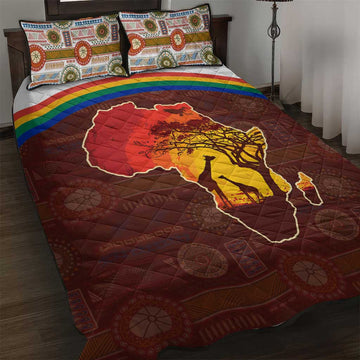 African Sunset Quilt Bed Set Tribal Pattern Continent Silhouette - Rainbow Arc Safari Scene TS04