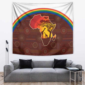 African Sunset Tapestry Tribal Pattern Continent Silhouette - Rainbow Arc Safari Scene TS04