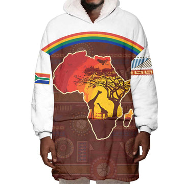 African Sunset Wearable Blanket Hoodie Tribal Pattern Continent Silhouette - Rainbow Arc Safari Scene TS04