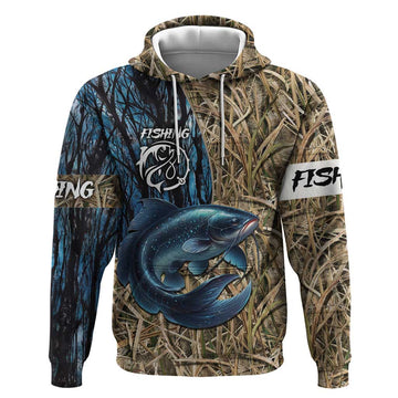 Catfish Fishing Personalized Hoodie Blue Bass and Camo Reeds Background TS04
