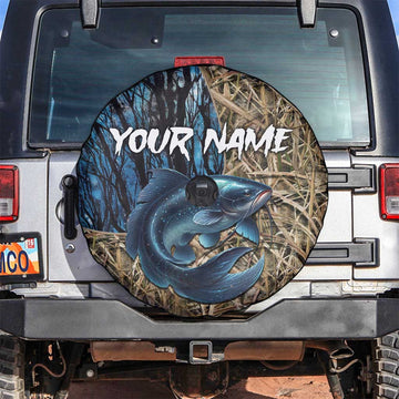 Catfish Fishing Personalized Spare Tire Cover Blue Bass and Camo Reeds Background TS04