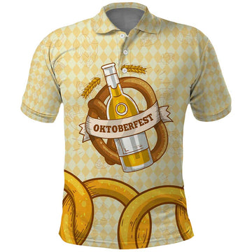 Oktoberfest Polo Shirt with Beer Bottle and Pretzel Illustration Beige Diamond TS04