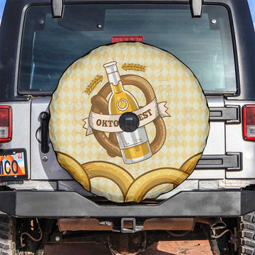 Oktoberfest Spare Tire Cover with Beer Bottle and Pretzel Illustration Beige Diamond TS04