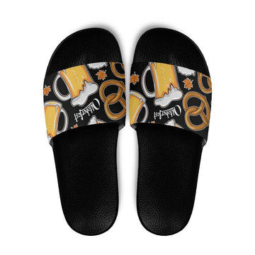 Oktoberfest Slide Sandals with Beer Mug and Pretzel Illustration Black Festive TS04