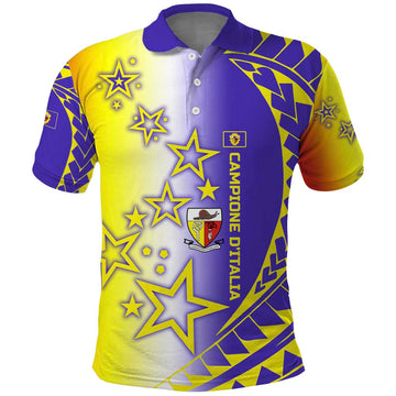 Campione dItalia Polo Shirt with Yellow Purple Star Design and Town Crest TS04