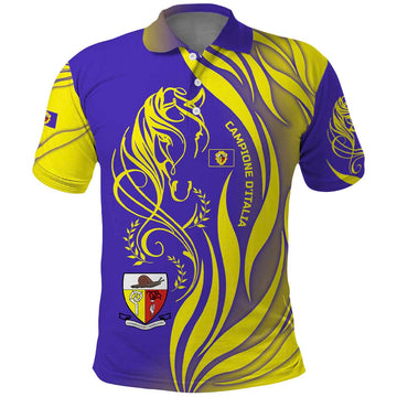 Campione dItalia Polo Shirt with Yellow Horse Graphic and Purple Flame Crest TS04
