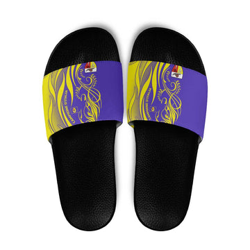 Campione dItalia Slide Sandals with Yellow Horse Graphic and Purple Flame Crest TS04
