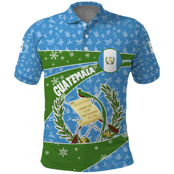 Guatemala Christmas Polo Shirt with Blue Green Christmas Quetzal Bird Gift and Coat of Arms TS04