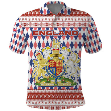 England Christmas Polo Shirt with Red Blue White Diamond Pattern Santa and Coat of Arms TS04
