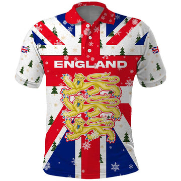 England Christmas Polo Shirt with Red White Blue Santa Bus Tree and Three Lions Design TS04