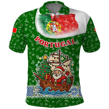 Portugal Christmas Polo Shirt with Green Red Santa Ship Tree and Coat of Arms TS04