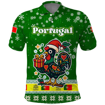 Portugal Christmas Polo Shirt with Green Galo de Barcelos Rooster Santa Hat and Gift TS04