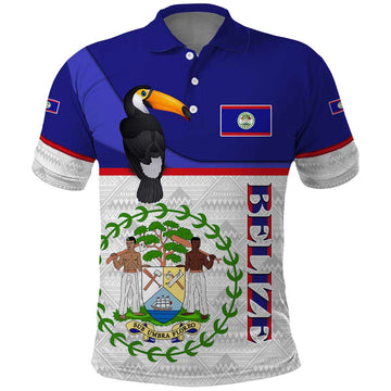 Belize National Emblem Polo Shirt with Toucan Print and Flag-Inspired Blue Design TS04