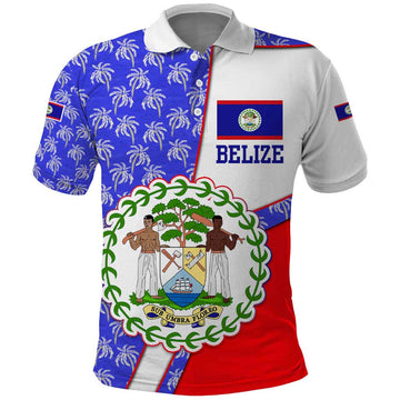 Belize Coat of Arms Polo Shirt with Palm Pattern and Split Red Blue Design TS04