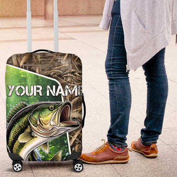 Personalized Bass Fishing Design Luggage Cover Leaping Fish Graphic and Camouflage Green Water Splash Print TS04