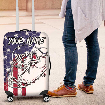 American Flag Bass Fishing Luggage Cover Fishing Rod and Patriotic Red White and Blue Theme TS04