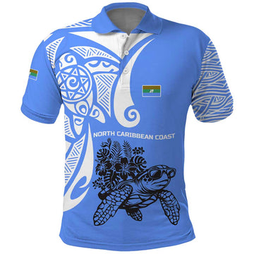 North Caribbean Coast Nicaragua Polo Shirt with Tribal Turtle Design and Floral Coast Pride TS04