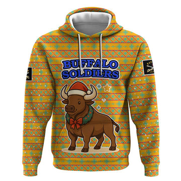 Buffalo Soldiers Christmas Hoodie with Yellow Cartoon Buffalo Santa Hat Design TS04