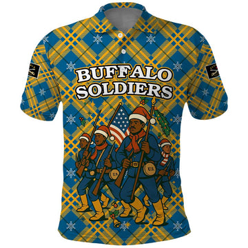 Buffalo Soldiers Christmas Polo Shirt with Blue Yellow Plaid Parade Illustration Design TS04