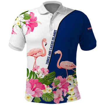 Turks and Caicos Islands Polo Shirt with Flamingos Floral Pattern and National Crest Design TS04