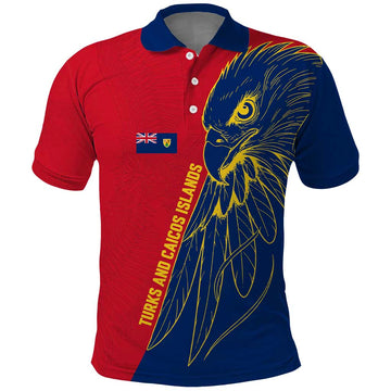 Turks and Caicos Islands Polo Shirt with Yellow Hawk Outline and Red Blue Crest Design TS04