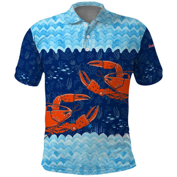 Turks and Caicos Islands Polo Shirt with Red Crab and Ocean Wave Coral Reef Design TS04