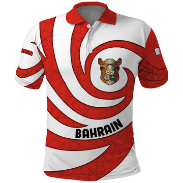Bahrain Tribal Camel Polo Shirt with Red Mosaic Swirl and Heritage Slogan TS04