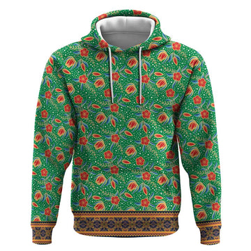 Traditional Malaysian Batik Floral Hoodie with Green Tulip and Red Blossom Pattern TS04