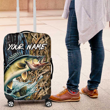 Personalized Walleye Splash Luggage Cover Camo Reeds and Night Forest Fishing Theme TS04