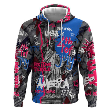 4th of July Graffiti Hoodie with Statue of Liberty and American Independence Street Art Design TS04