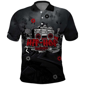 Hip Hop Streetwear Polo Shirt with Graffiti Boombox and Angel Bear Graphic in Urban Bullet Hole Design TS04