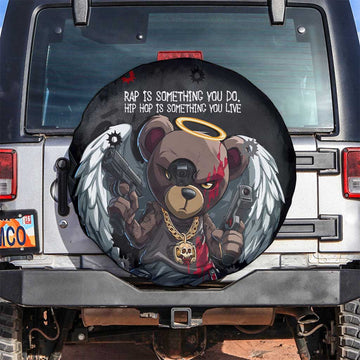Hip Hop Streetwear Spare Tire Cover with Graffiti Boombox and Angel Bear Graphic in Urban Bullet Hole Design TS04