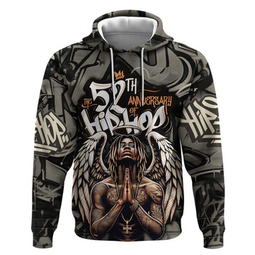 52th Anniversary Of Hiphop Celebration Hoodie with Praying Angel Graphic and Urban Graffiti Background TS04