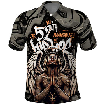 52th Anniversary Of Hiphop Celebration Polo Shirt with Praying Angel Graphic and Urban Graffiti Background TS04