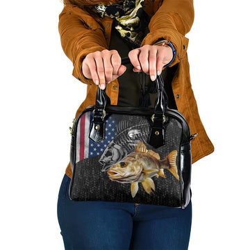 Walleye Fishing Skeleton Personalized Shoulder Handbag Grunge American Flag and Realistic Fish Graphic TS04
