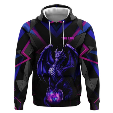 Custom Black And Purple Dragon Bowling Hoodie Magic Orb Graphic on Geometric Black Background Design TS04
