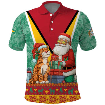Guyana Christmas Santa Leopard Polo Shirt with Green Red Yellow Gift and Map TS04