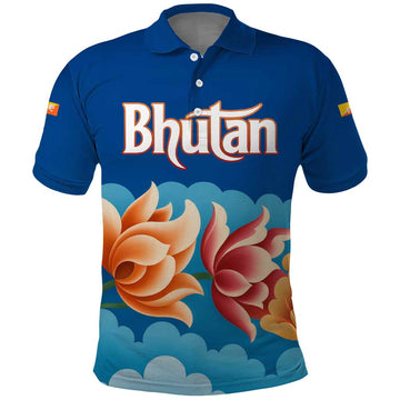 Bhutan Lotus Blossom Polo Shirt with White Dragon and Sacred Cloud Harmony TS04