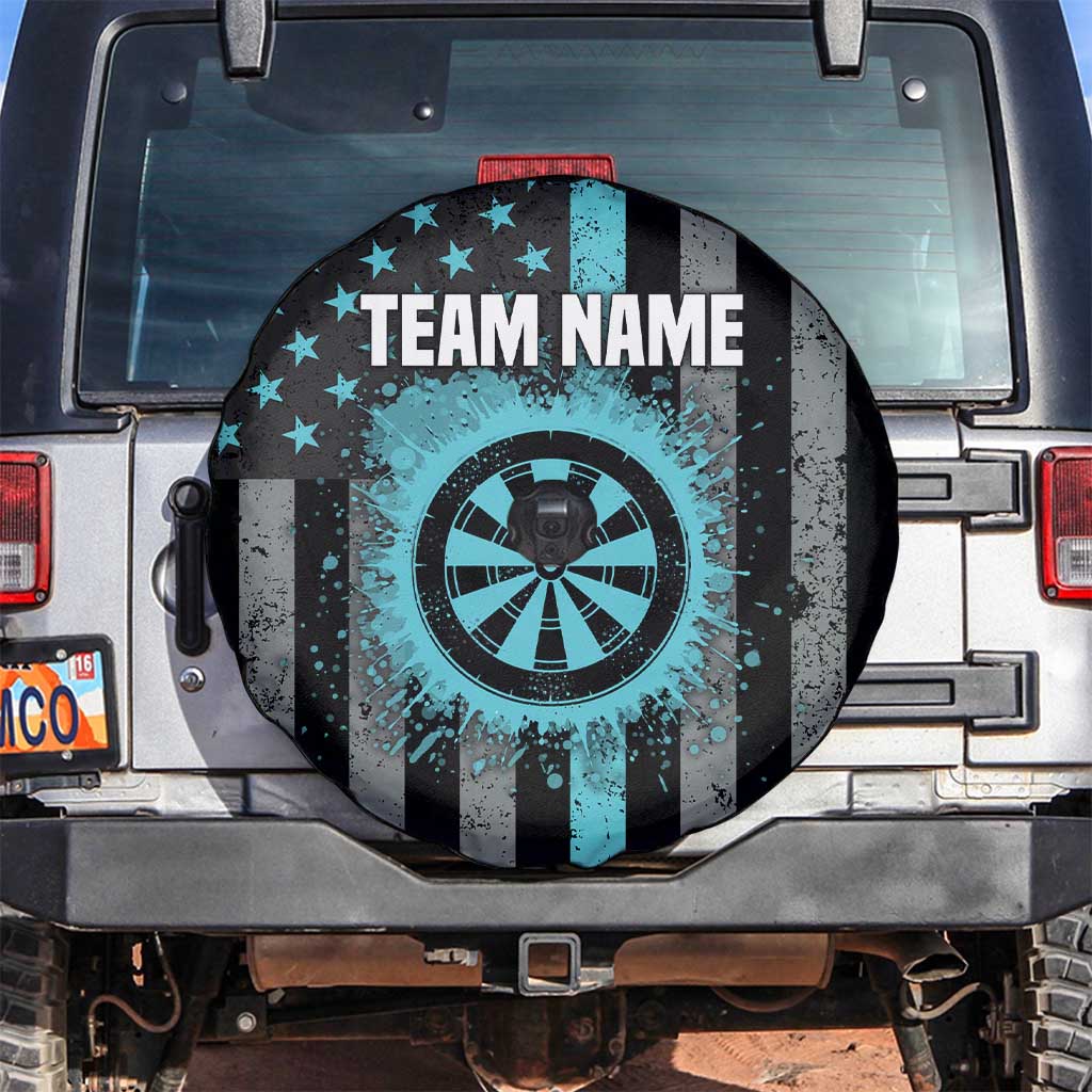 Custom Turquoise US Patriotic Darts Spare Tire Cover Blue American Flag Pattern - Grunge Paint Splatter TS04