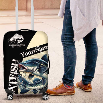 Catfish Fishing Customize Name Luggage Cover Splash Effect and Black Cream Split Design TS04