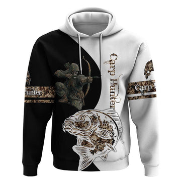 Carp Hunter Bowfishing Customize Name Hoodie Camouflage Archer Graphic and Black White Split Layout TS04