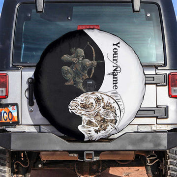 Carp Hunter Bowfishing Customize Name Spare Tire Cover Camouflage Archer Graphic and Black White Split Layout TS04