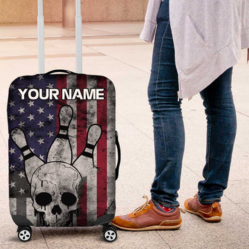 Personalized Skull Bowling Luggage Cover Distressed American Flag in Dark Grunge Design TS04